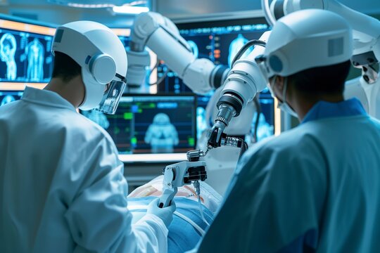 Group of doctors analyzing a high precision programmable robot in a hospital setting. - Powered by Adobe