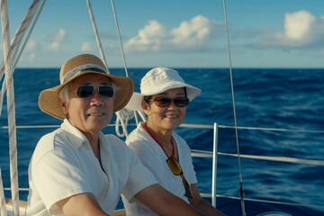 Naklejka premium Senior couple enjoying the ocean on a luxury yacht.