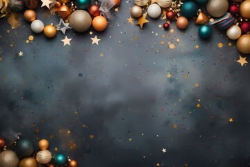 A top view of a celebratory space filled with festive elements, presenting an appealing background with ample space for text customization.