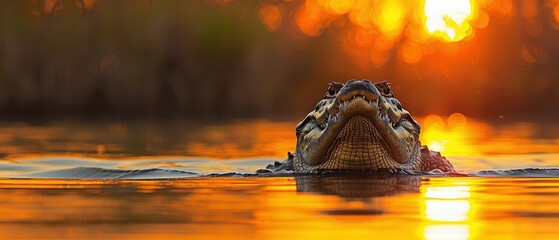a close up of a body of water with a large alligator in the middle of it's body and the sun in the background. - obrazy, fototapety, plakaty