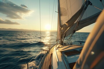 A senior couple sails a luxury yacht as the sun sets over the ocean.