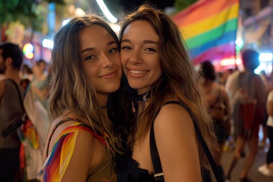 Two lesbians embracing next to rainbow flag on street.