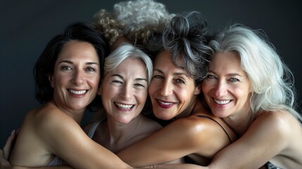 Older women smiling and hugging each other in a group setting.