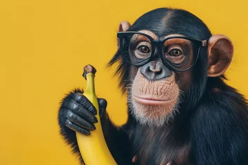 Fotobehang A clever monkey donning glasses holds a banana in a humorous manner. © Joaquin Corbalan