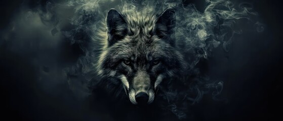 a picture of a wolf with smoke coming out of it's eyes and the wolf's head is in the middle of the picture.
