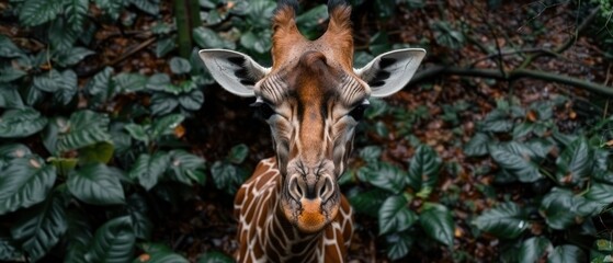 a close up of a giraffe's face in front of a bunch of green leafy plants.