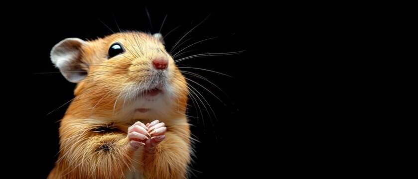 a close up of a rodent on a black background with one eye open and one hand in the air.