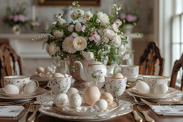A traditional Easter brunch table setting with delicate porcelain teacups and a lush floral centerpiece.