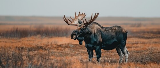 a moose with large antlers standing in a field of tall grass and brown grass in the foreground, with another moose in the background.