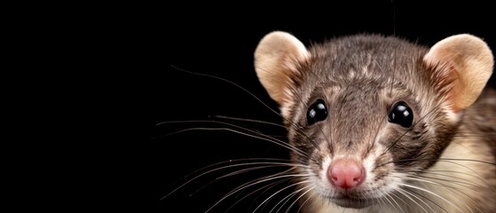 a close up of a small animal on a black background with a blurry look on it's face.