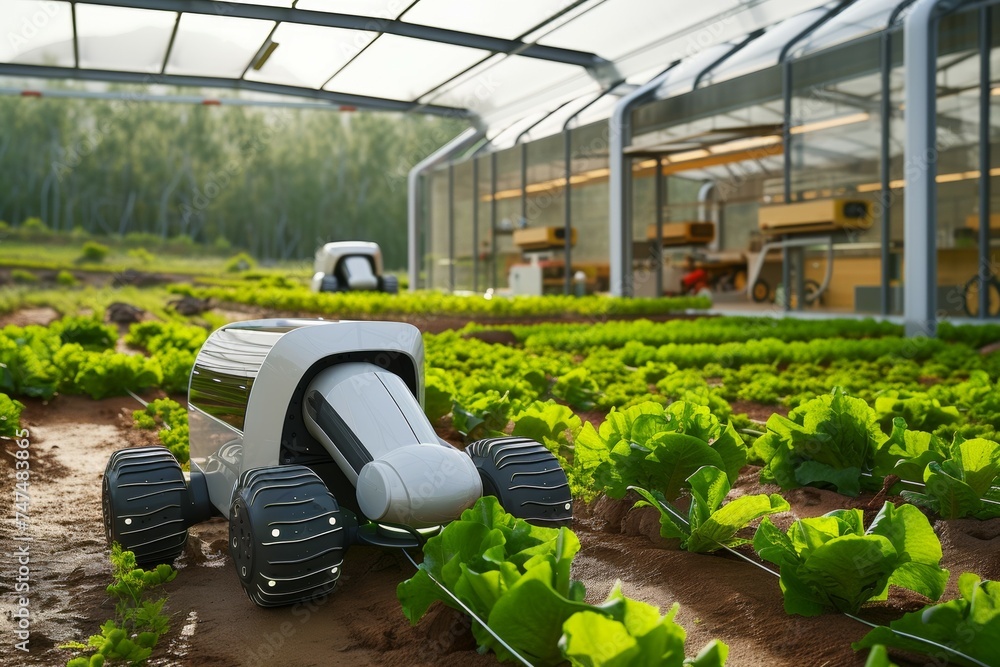 Poster modern greenhouse with robots. background with selective focus and copy space