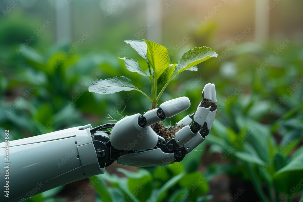 Poster a robot hand works on a modern farm. background with selective focus and copy space