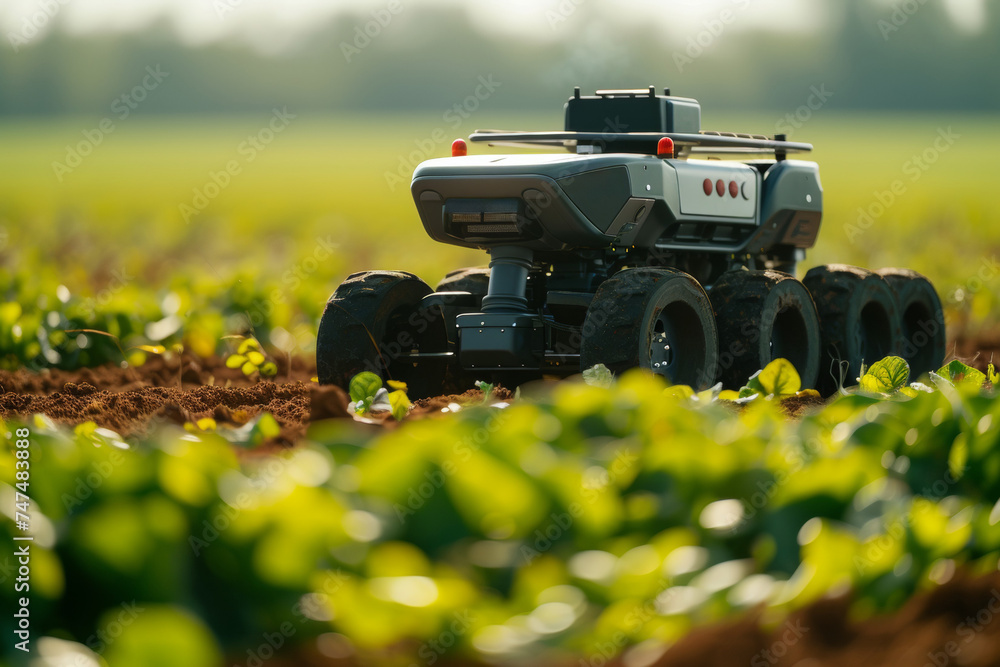 Poster modern farm with robots. background with selective focus and copy space