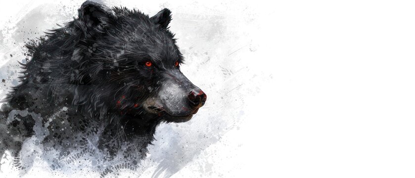 a painting of a black bear with red eyes and a black fur coat on it's head, in front of a white background.