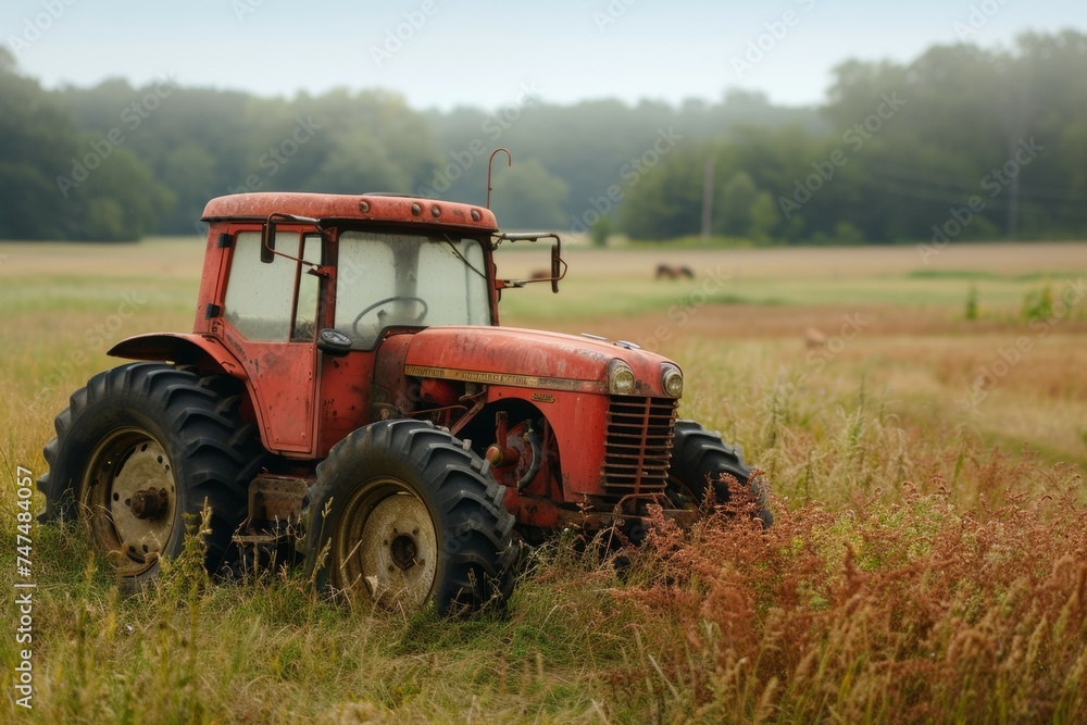 Poster tractor in the field. background with selective focus and copy space