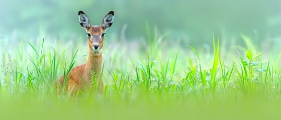 a deer that is standing in the grass with its head turned to look like it is looking at the camera.