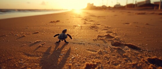 a small toy turtle walking on a sandy beach near the ocean with the sun setting in the distance behind it.