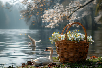 A delightful Easter brunch picnic by a tranquil lake with a charming wicker basket.