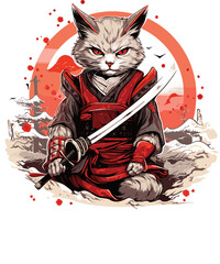 Japanese samurai cat in cute kawaii anime style with ninja sword and Japanese flowers, Japanese lettering and Japanese elements in the background