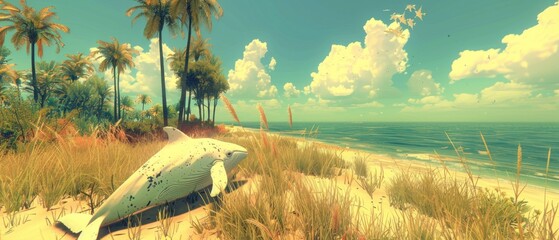 a large white whale laying on top of a sandy beach next to a forest of palm trees and the ocean.