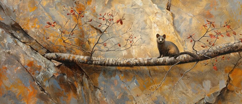 a painting of a cat sitting on a tree branch in front of a rock wall with red leaves on it.