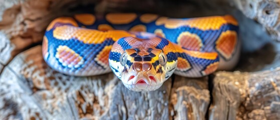 a close up of a colorful snake on a tree branch with a wood background and a blurry image of the snake's head.