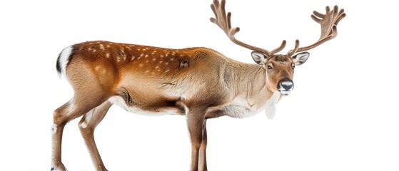 a close up of a deer's head with antlers on it's back and a white background.