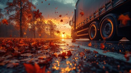 a cargo truck on the road at sunset in autumn
