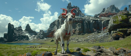 a goat standing on top of a lush green field next to a lush green field with rocks and a mountain in the background.