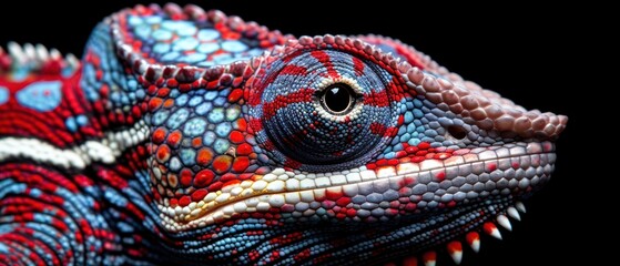 a close up of a red and blue chamelon's head with its mouth open and a black background.