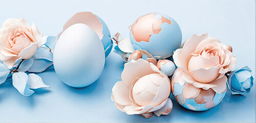 Composition of Easter eggs and rosebuds on a blue background - obrazy, fototapety, plakaty