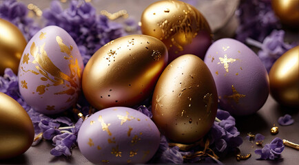 Fototapeta na wymiar A composition of purple and gold Easter eggs with flying particles