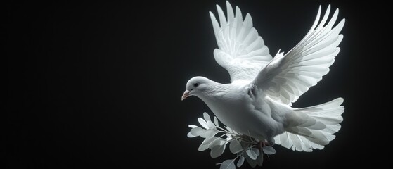 a white bird flying through the air with it's wings wide open and it's body covered in white flowers.
