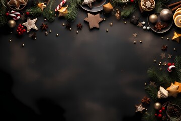 Captivating top view of a festive setting, showcasing meticulous decorations that form a visually stunning background with ample space for text creativity.