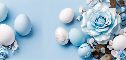 Composition of Easter eggs and rosebuds on a blue background - obrazy, fototapety, plakaty