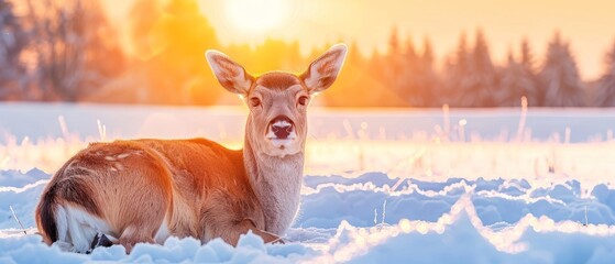a deer is standing in the middle of a snow covered field with trees in the background and the sun in the distance.