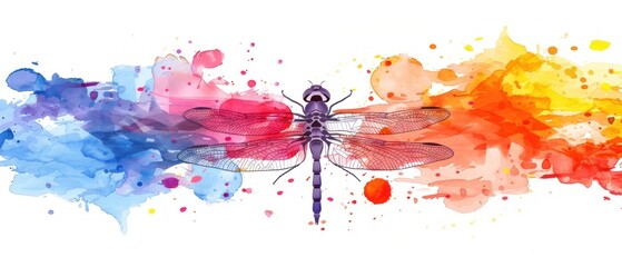 a watercolor painting of a dragonfly sitting on top of a piece of paper with paint splatters all over it.