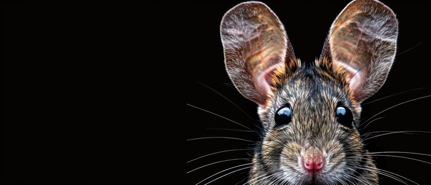 a close - up of a mouse's face on a black background with a blurry image of it's ears.