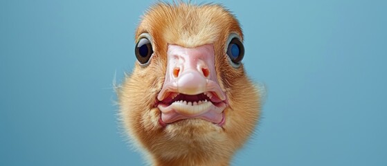 a close up of a duck's face with big blue eyes and a smile on it's face. - obrazy, fototapety, plakaty
