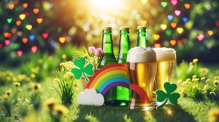beer and rainbow St. Patrick's Day on park background
