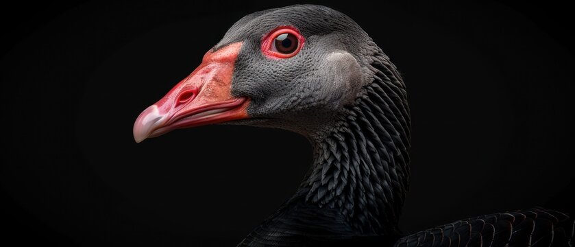 a close up of a black bird with a red beak and a black background with a red spot on the head.