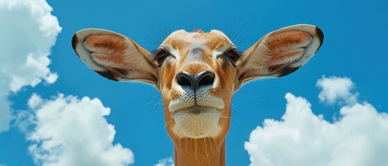 a close up of a giraffe's face with a blue sky and white clouds in the background.