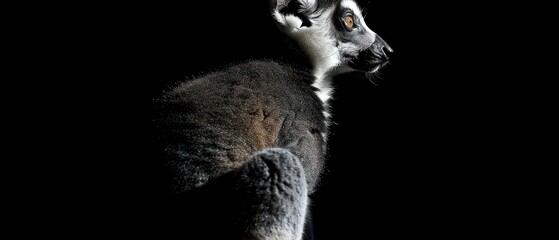 a close up of a black and white cat in the dark with it's head turned to the side. - obrazy, fototapety, plakaty