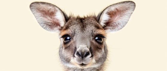 a close - up of a kangaroo's face, with a neutral background, with a soft focus on the animal's face.