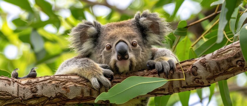 a close up of a koala sitting on a tree branch with a leaf in the foreground and green leaves in the background.