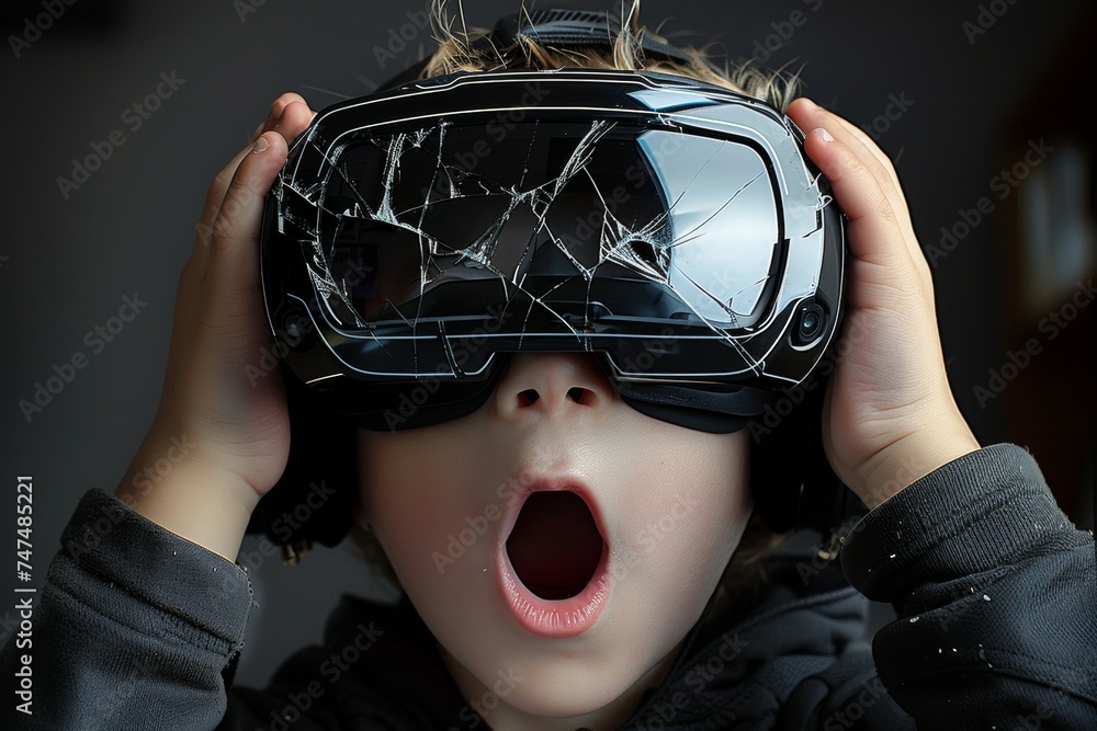 Poster broken virtual reality glasses with cracks. background with selective focus and copy space