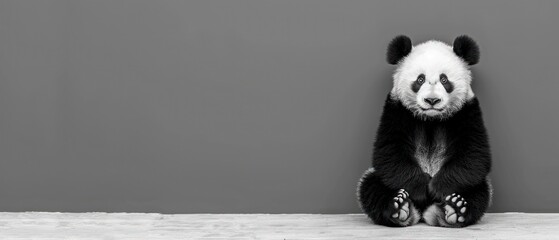 a black and white photo of a panda bear sitting on its hind legs and looking at the camera with a sad look on its face.
