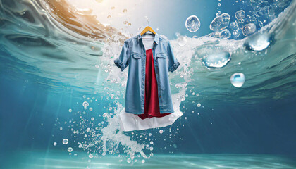 cleaning clothes washing machine or liquid detergent commercial advertisement style with floating shirt and dress underwater with bubbles and wet splashes laundry work as banner design, space for text - obrazy, fototapety, plakaty