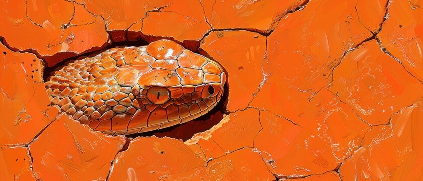 a painting of a snake's head poking out of a crack in a cracked orange wall with water droplets on it.