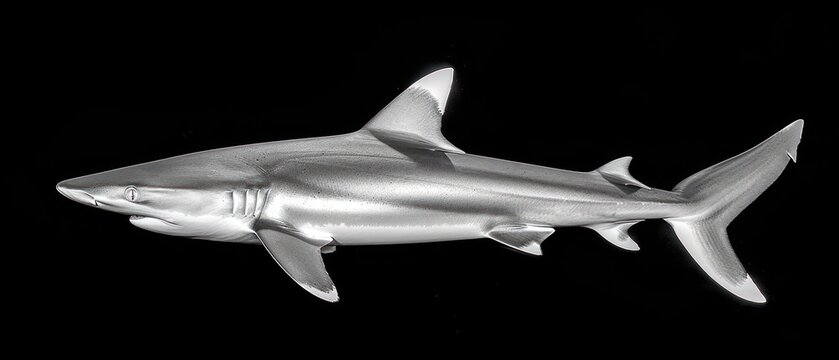 a black and white photo of a shark on a black background with a light reflection on the bottom of the shark.